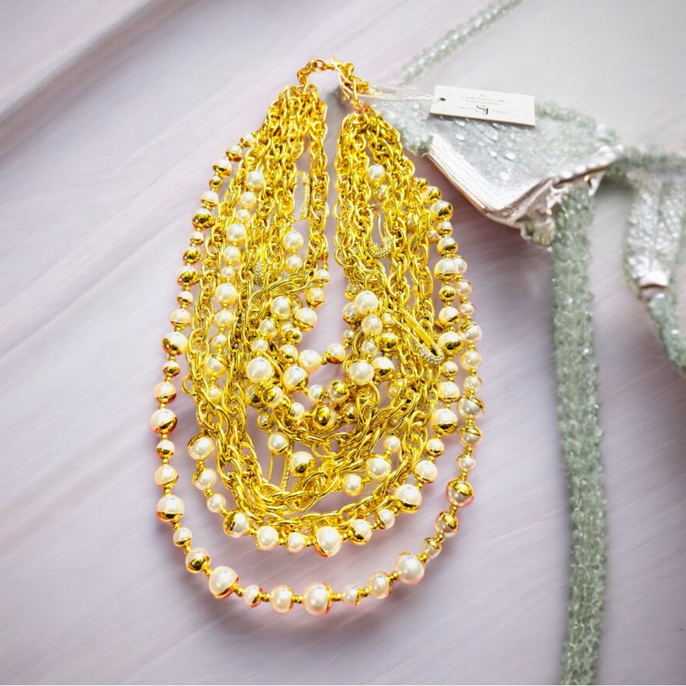 Sassy Jones Kamala Gold tone and Faux Pearl Multi-Strand Necklace